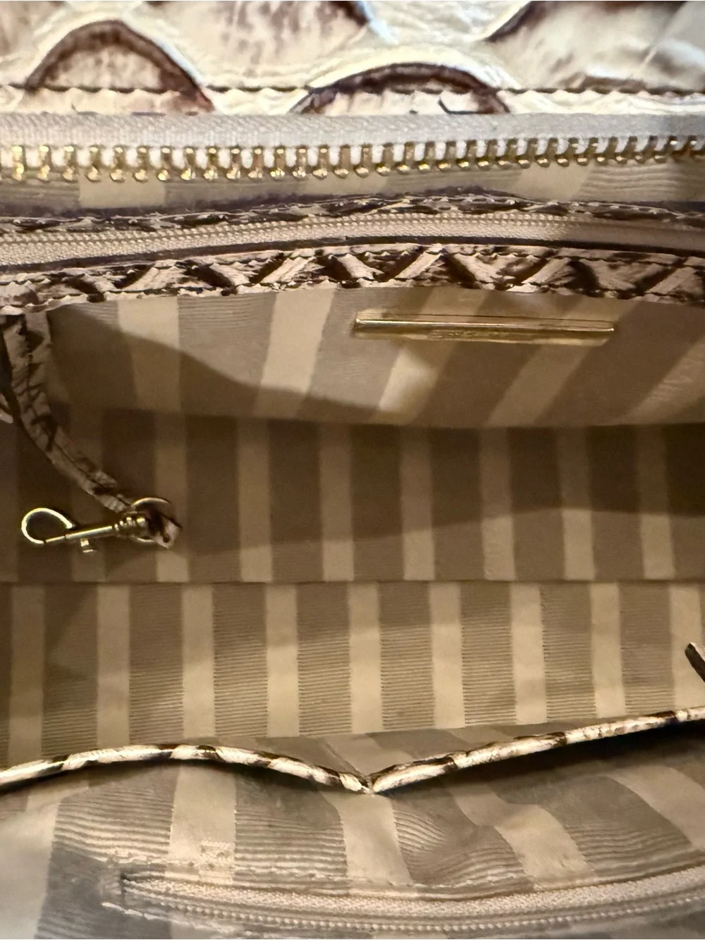 Brahmin Cream and Dark Brown Embossed Leather Satchel